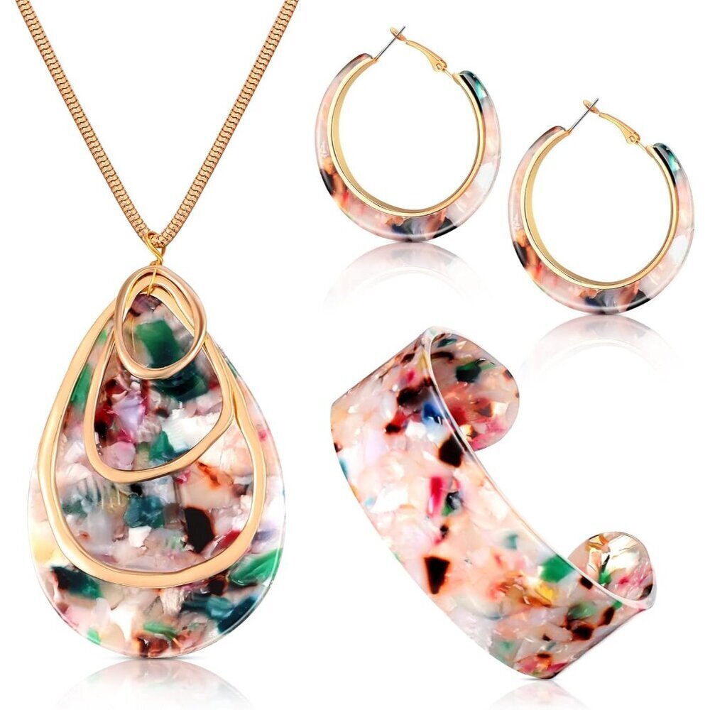 Acrylic Jewelry Set Women Statement Boho Long Necklace Chunky Bracelets